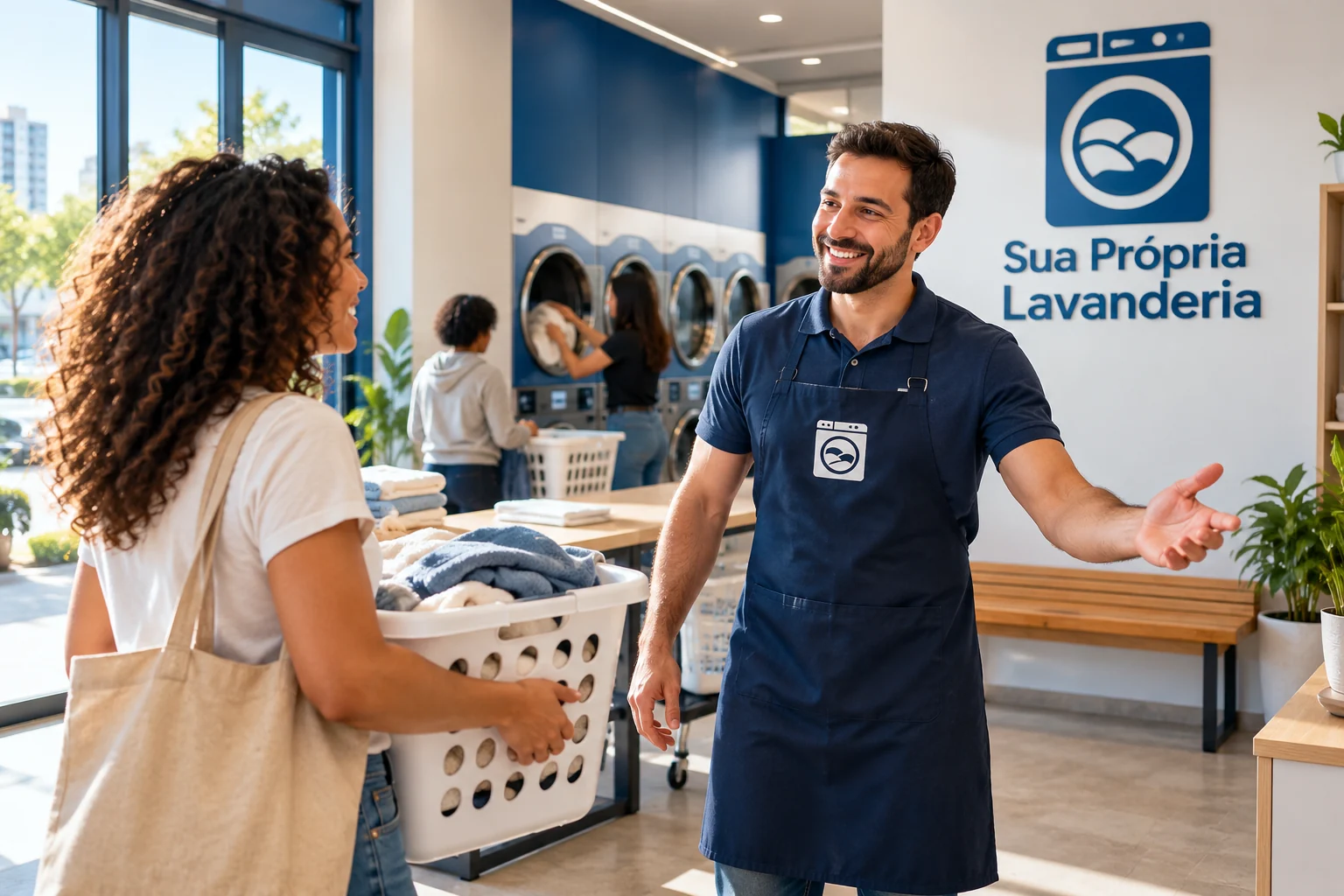 Homem de avental recebendo uma mulher com cesto de roupas em lavanderia pronta com a marca Sua Própria Lavanderia.