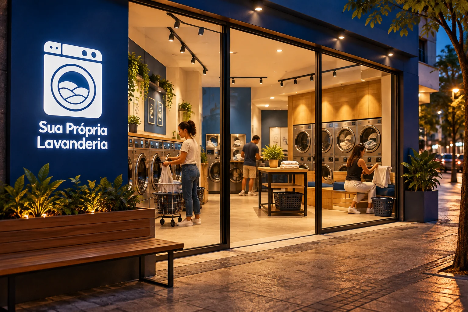 Fachada envidraçada de lavanderia ao anoitecer, com clientes usando o espaço e marca Sua Própria Lavanderia iluminada.