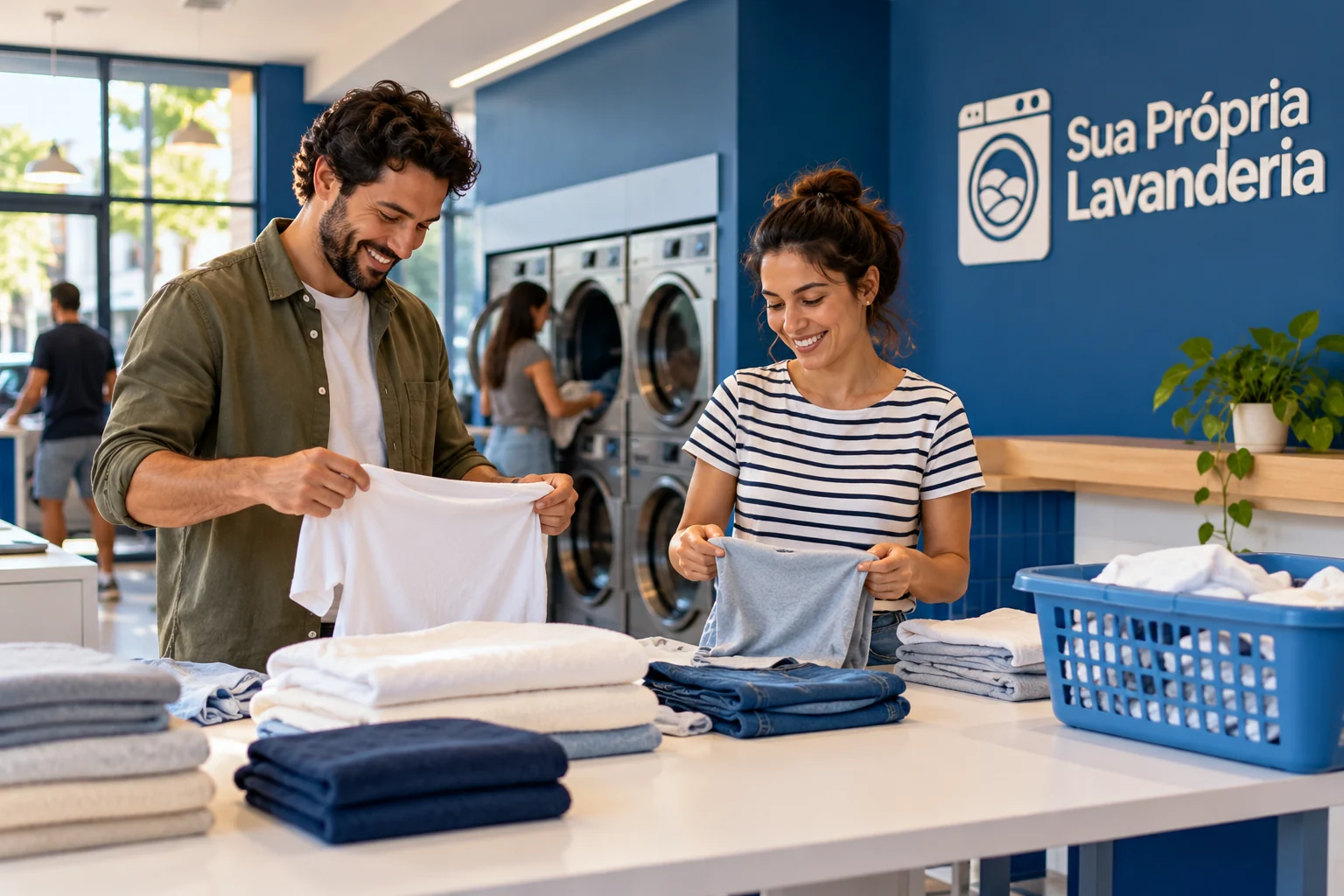 Duas pessoas dobrando roupas em lavanderia pronta, com outros usuários ao fundo e marca Sua Própria Lavanderia na parede.