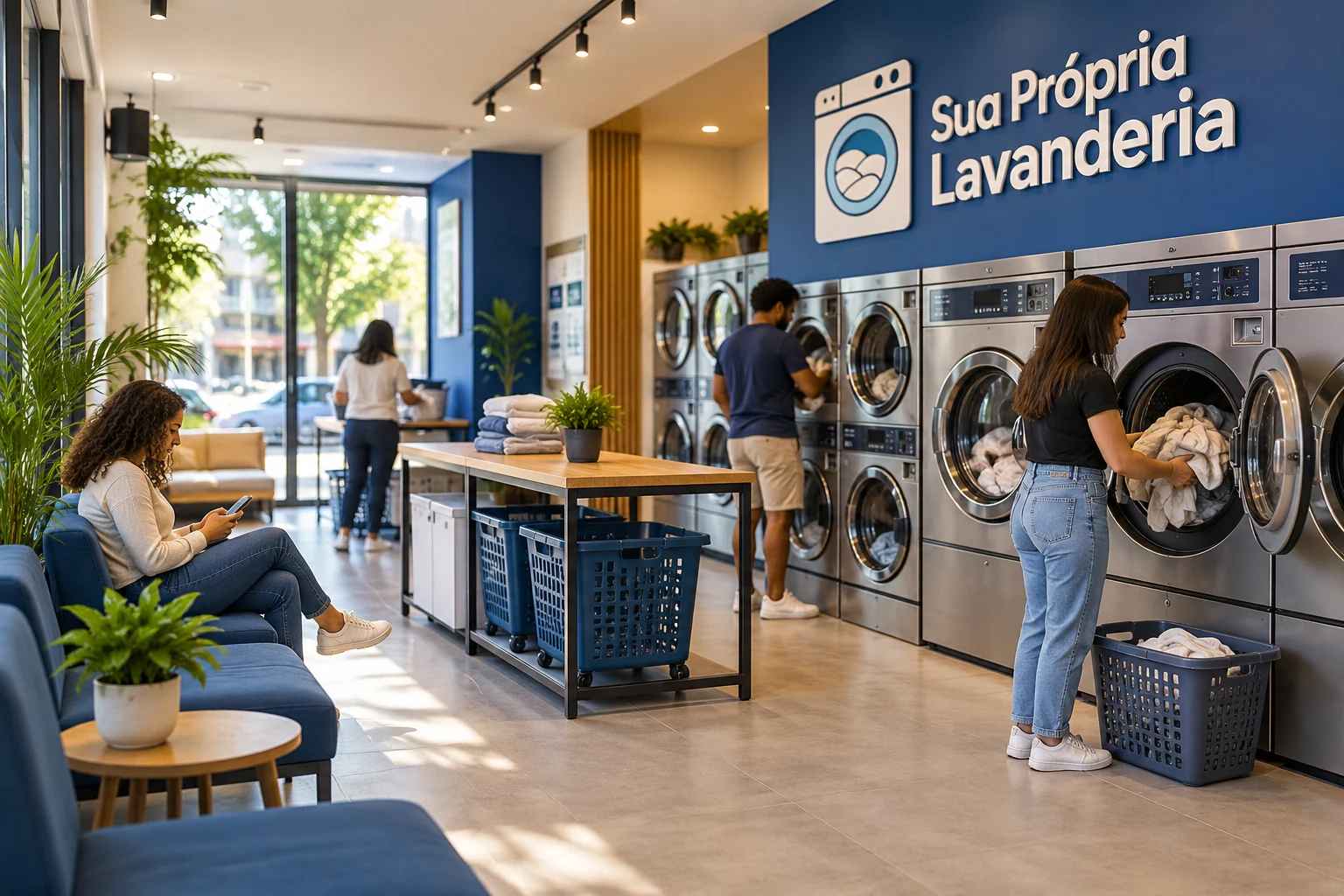 Clientes usando máquinas e aguardando em lavanderia pronta, com decoração azul e branca e marca Sua Própria Lavanderia.