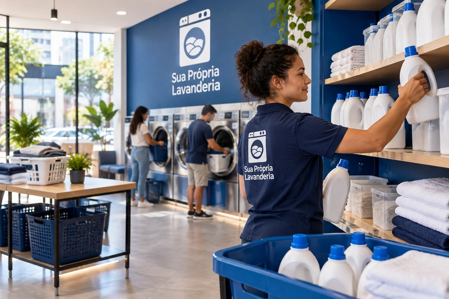 Pessoa repondo frascos em prateleiras de uma lavanderia azul e branca, com clientes usando máquinas ao fundo e marca Sua Própria Lavanderia visível.