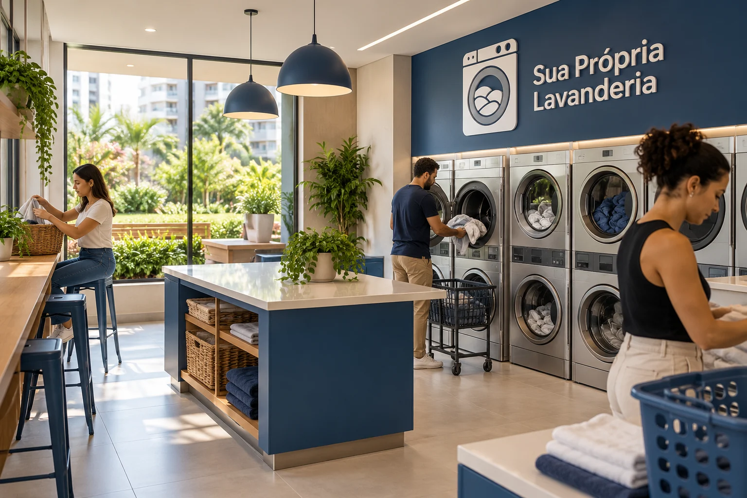 Interior de lavanderia pronta, com bancada central, cestos, plantas e pessoas usando máquinas sob a marca Sua Própria Lavanderia.