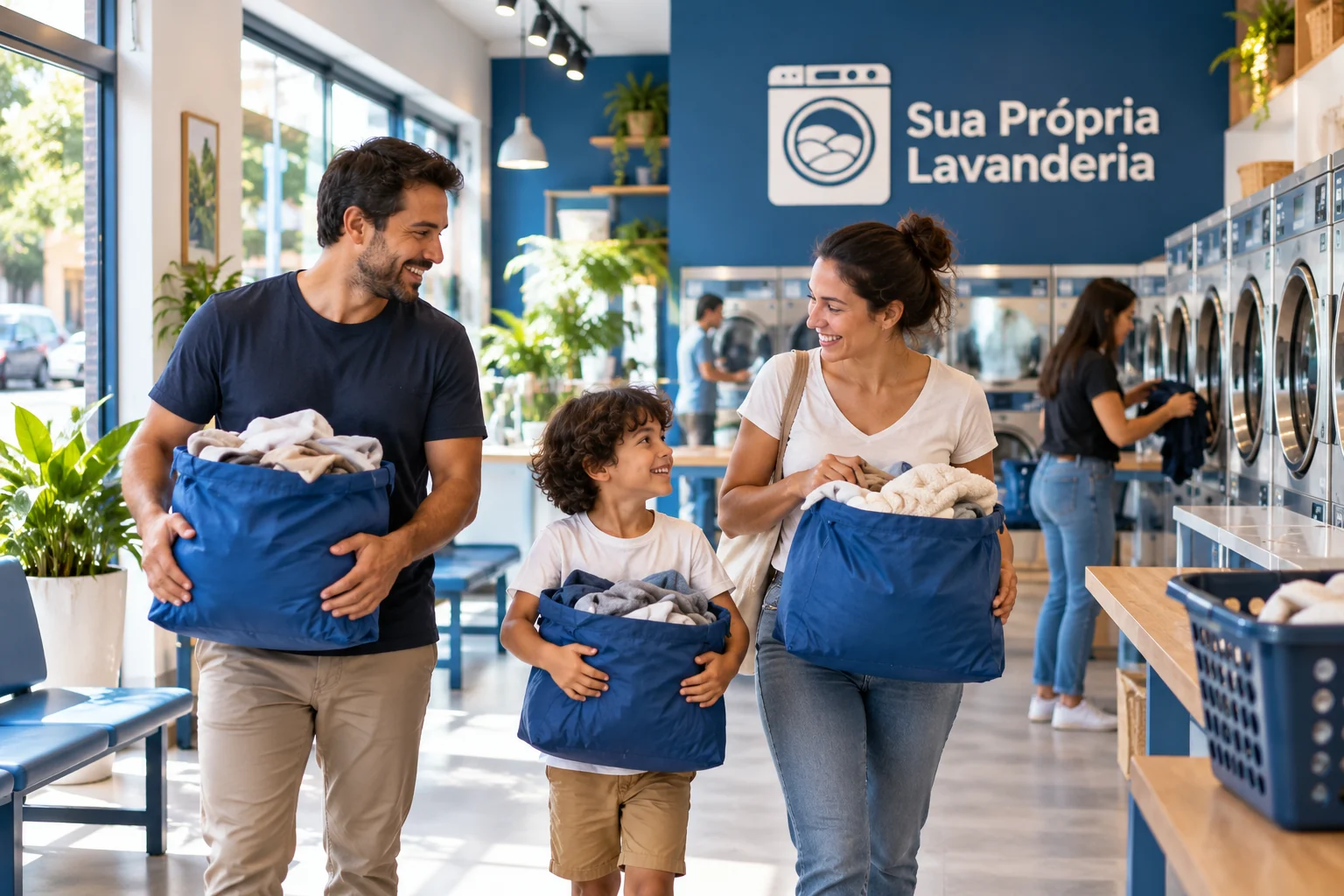 Dois adultos e uma criança com cestos de roupas em uma lavanderia azul e branca, com clientes e a marca Sua Própria Lavanderia ao fundo.