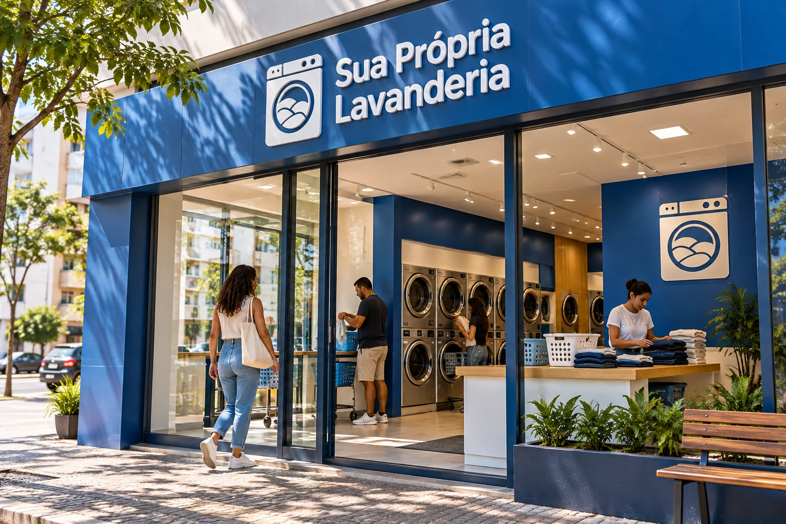 Fachada azul da Sua Própria Lavanderia, com entrada envidraçada e pessoas usando a lavanderia pronta no interior.