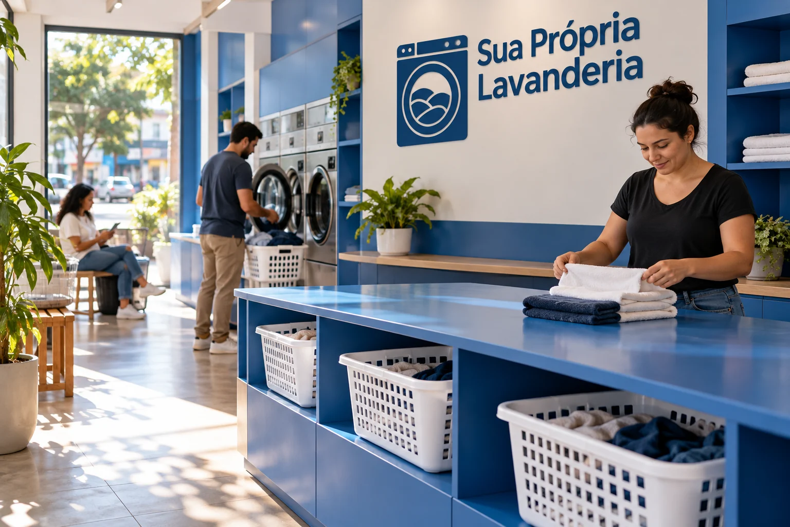 Pessoa dobrando toalhas sobre uma bancada azul, com clientes e máquinas ao fundo em lavanderia com a marca Sua Própria Lavanderia.
