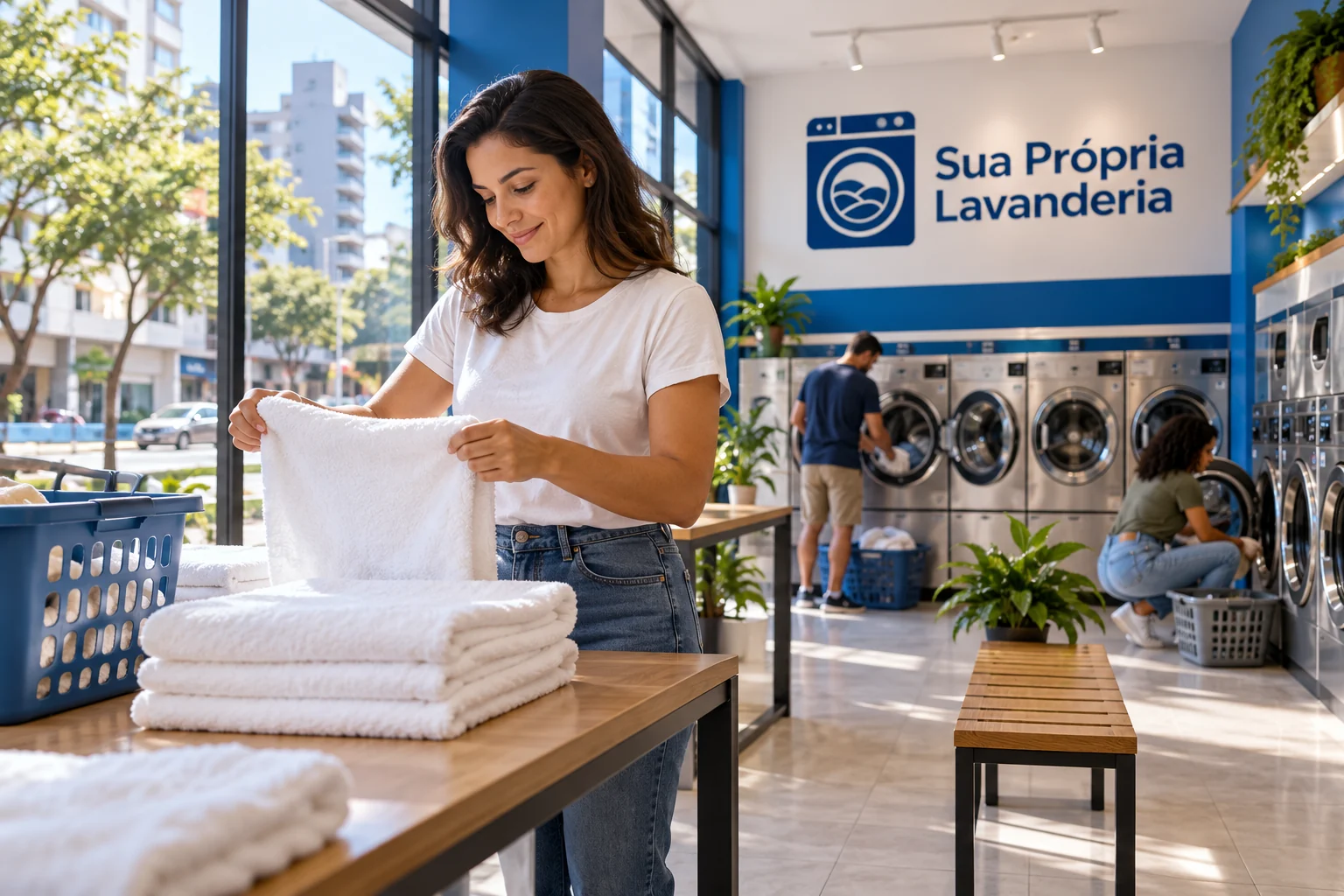 Cliente dobrando toalhas em lavanderia pronta, com máquinas ao fundo e logo Sua Própria Lavanderia na parede.