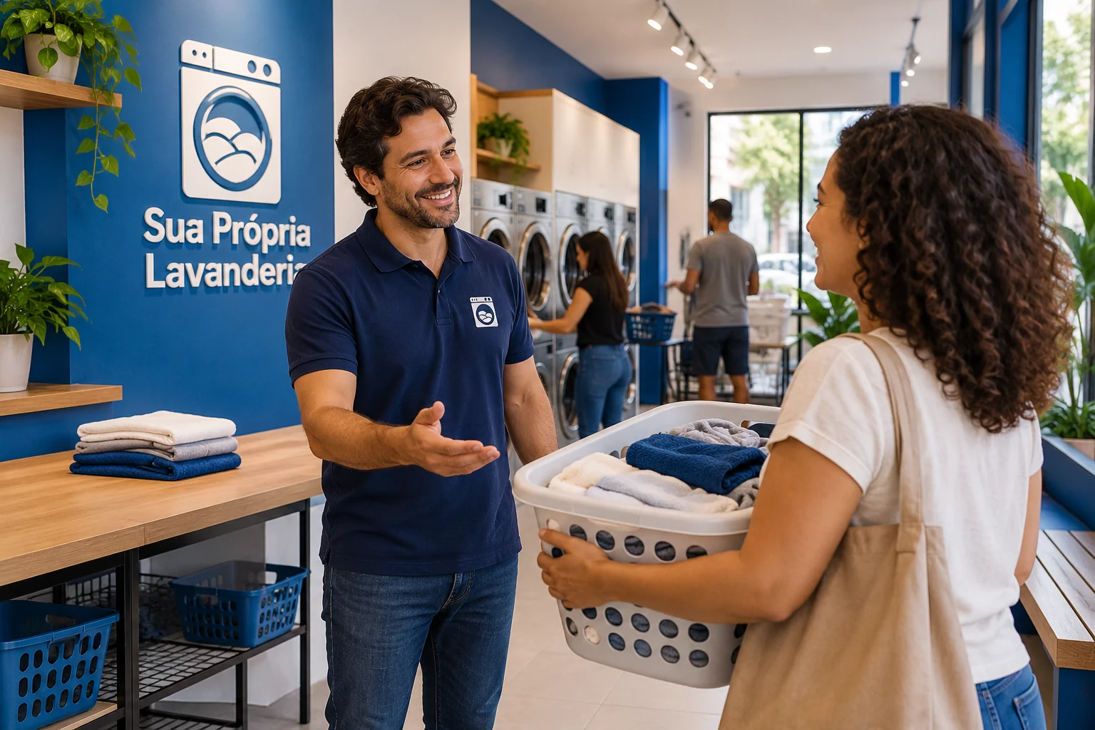 Homem com uniforme SPL conversando com cliente que carrega um cesto, em lavanderia pronta e em uso.
