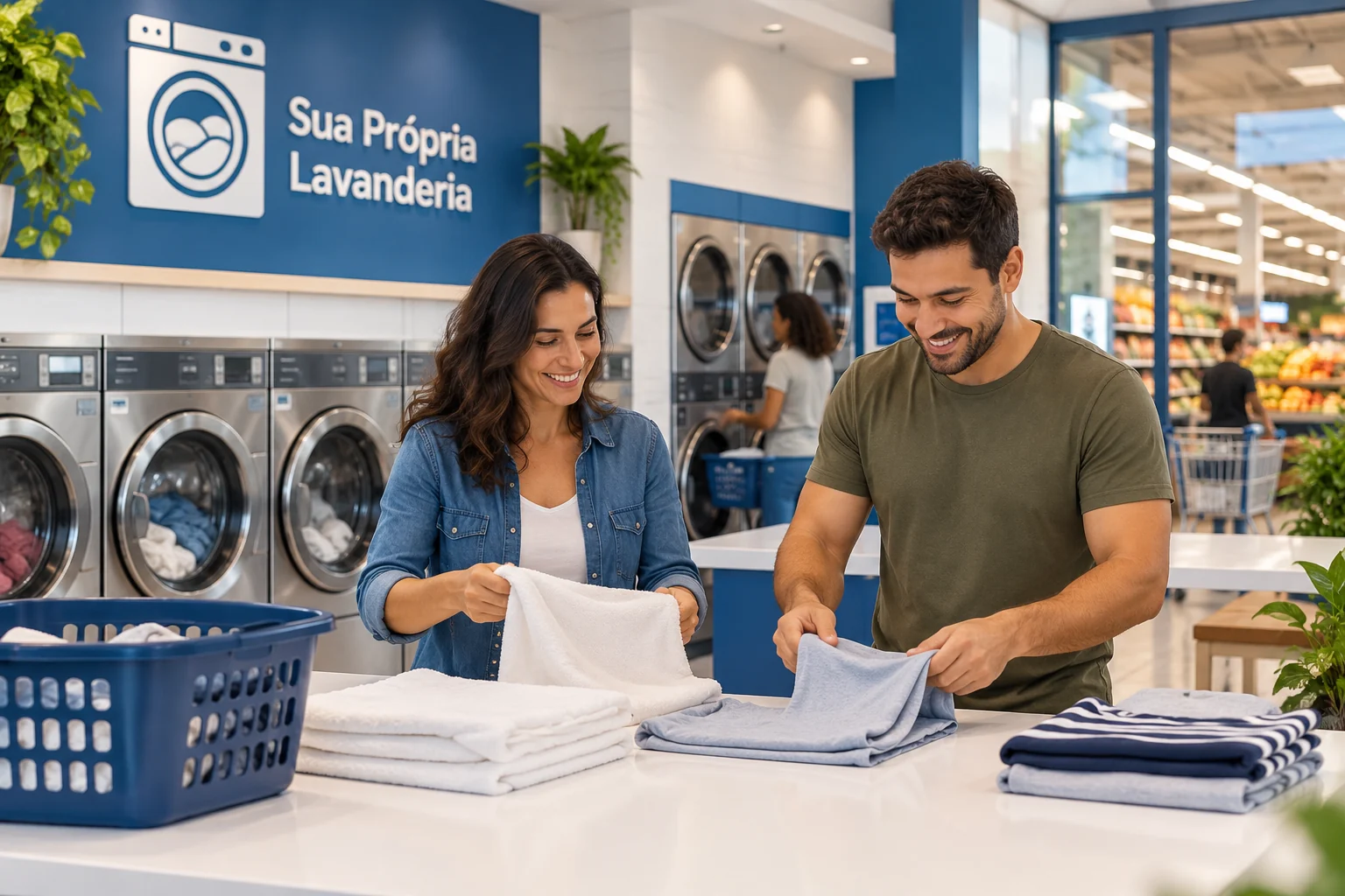 Casal dobrando roupas em lavanderia pronta, com logo SPL e área de supermercado visível ao fundo.