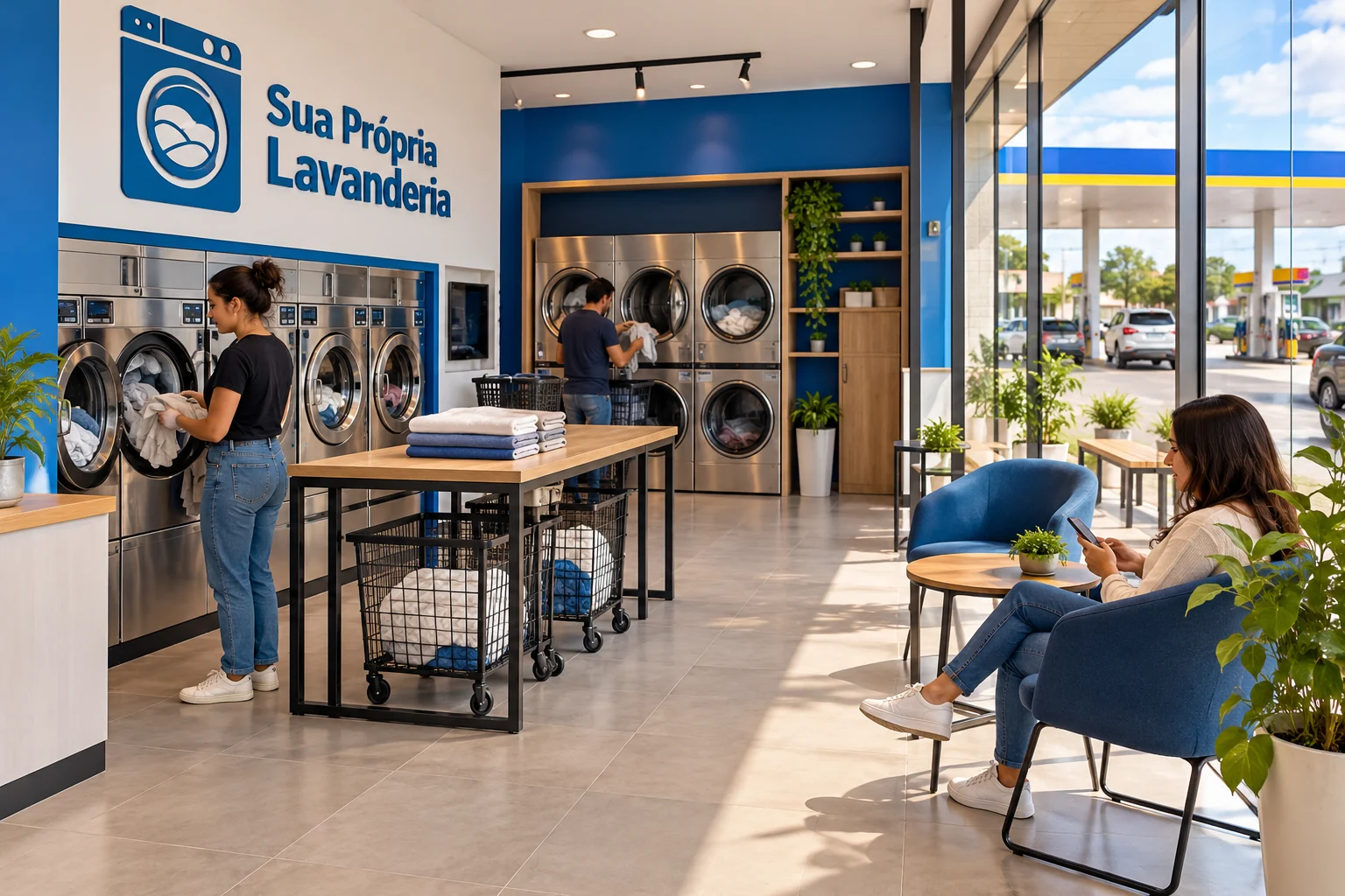 Lavanderia pronta com logo SPL, clientes usando máquinas e área de abastecimento visível através da fachada envidraçada.
