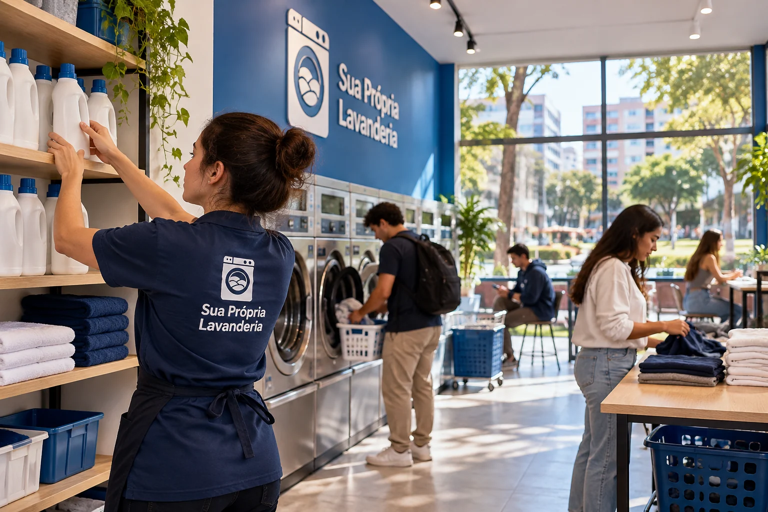 Funcionária com logo SPL organizando insumos e clientes usando uma lavanderia pronta, incluindo pessoa com mochila.