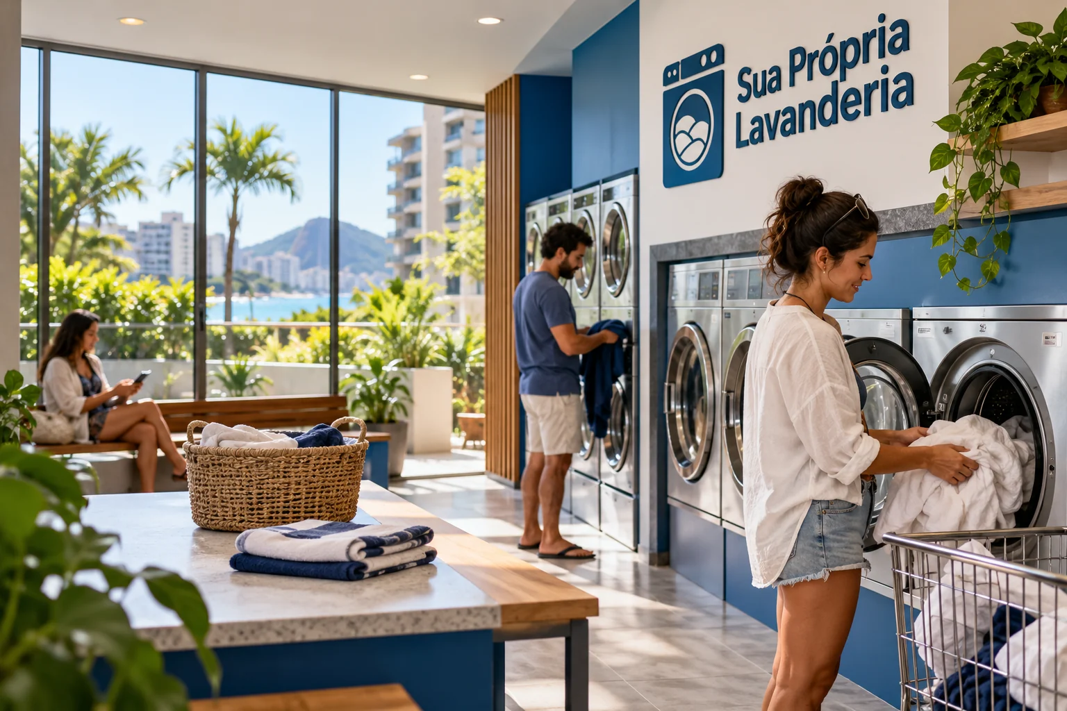 Pessoas usando uma lavanderia azul e branca, com cestos e vista para uma paisagem litorânea