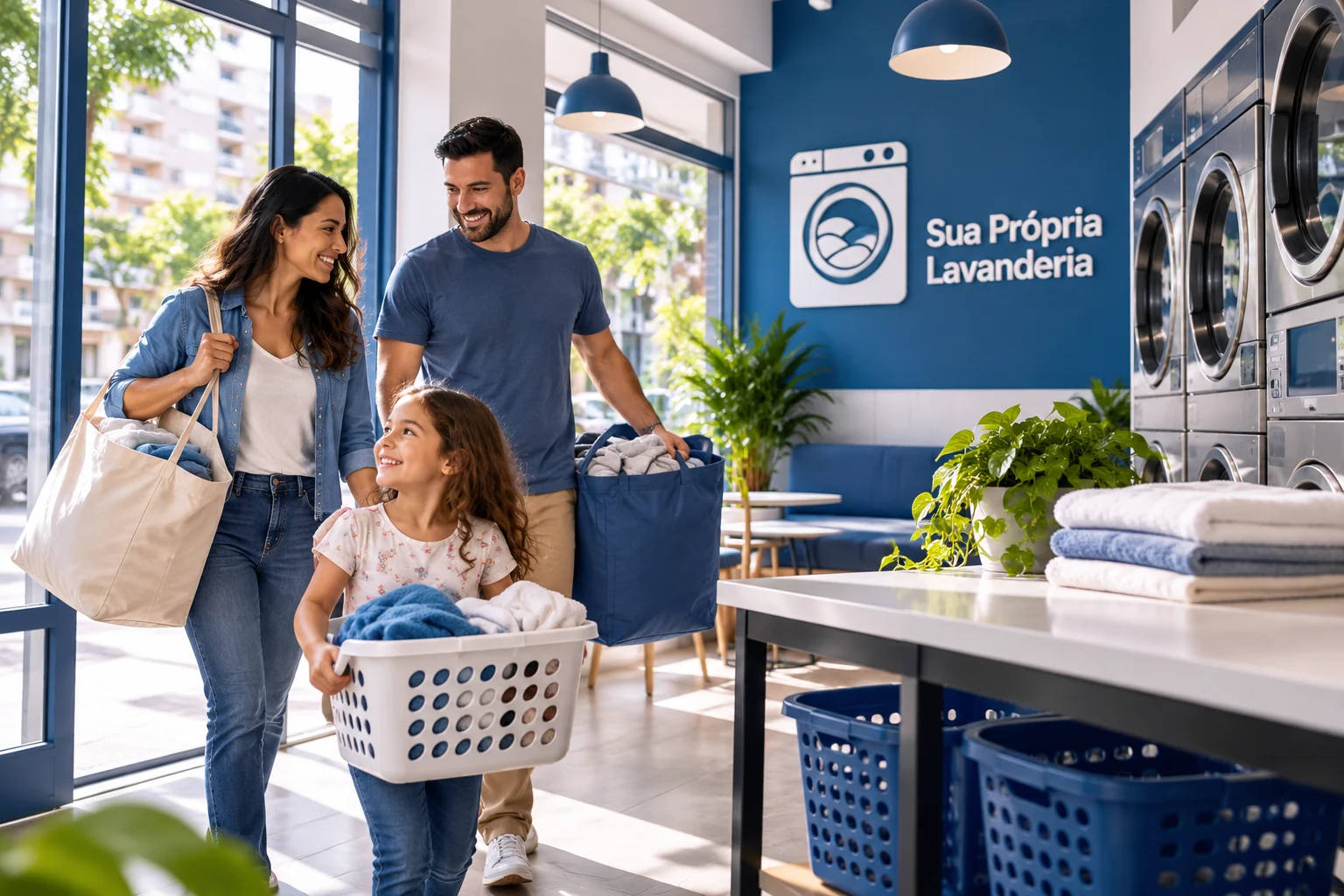 Família com sacolas e cesto de roupas em lavanderia comercial azul e branca, com logo Sua Própria Lavanderia e prédios ao fundo