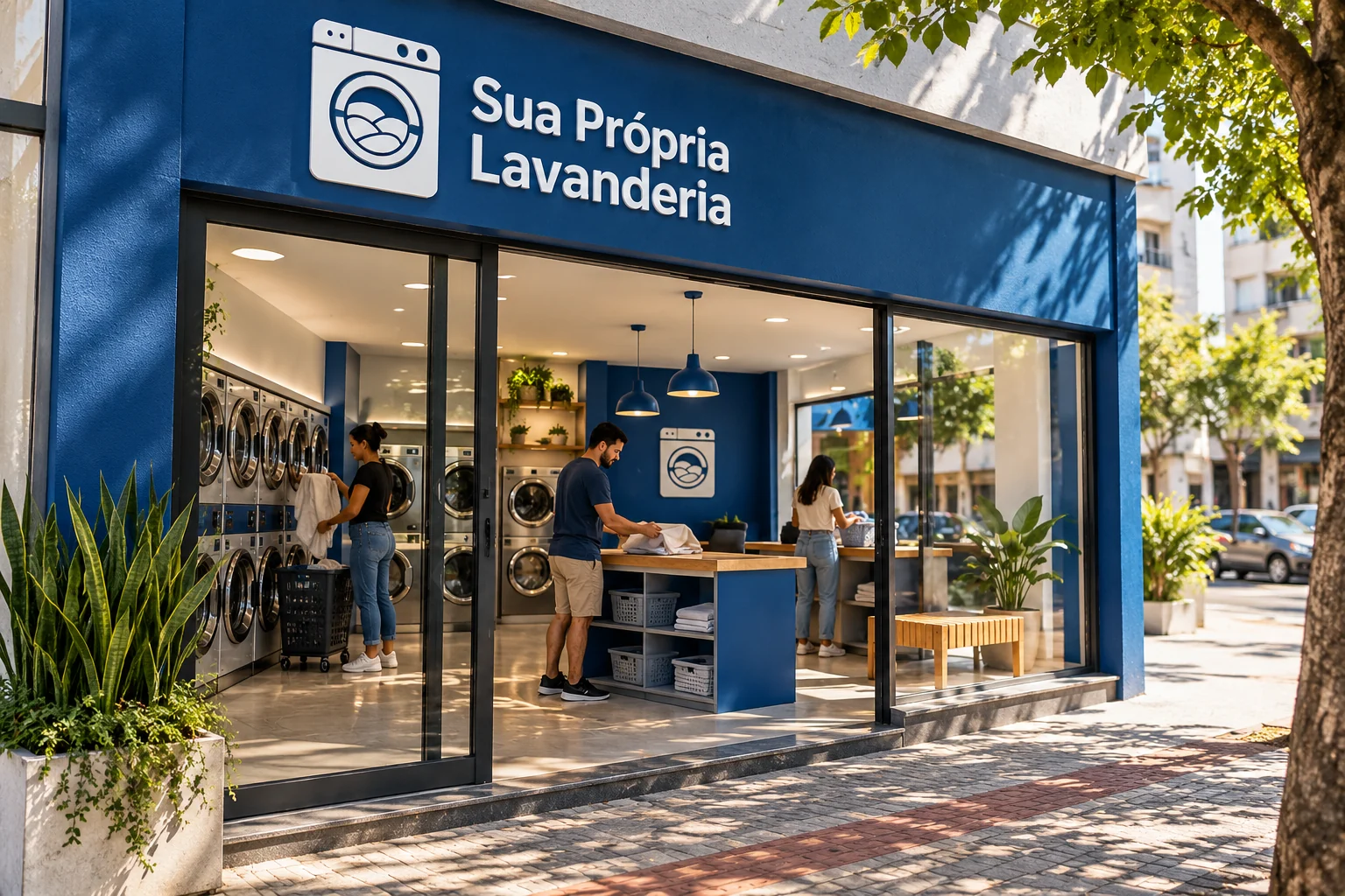 Fachada azul e branca com identificação Sua Própria Lavanderia e pessoas usando máquinas e bancadas no interior