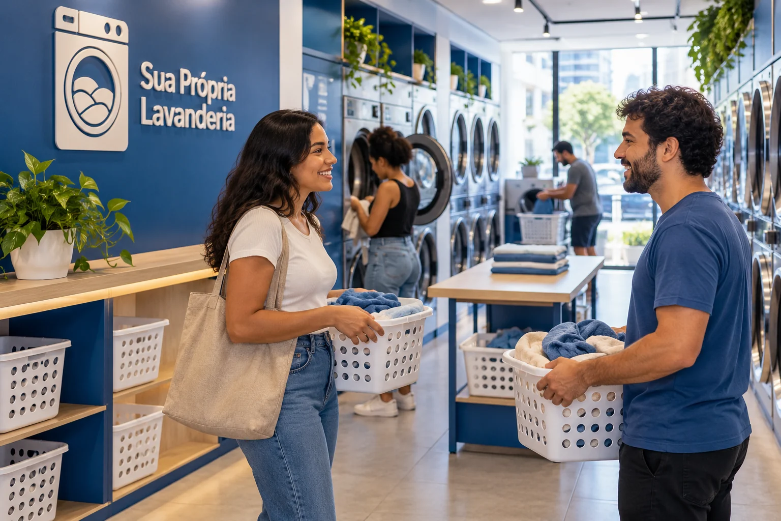 Duas pessoas com cestos de roupas conversando no interior de uma lavanderia azul e branca com identificação Sua Própria Lavanderia