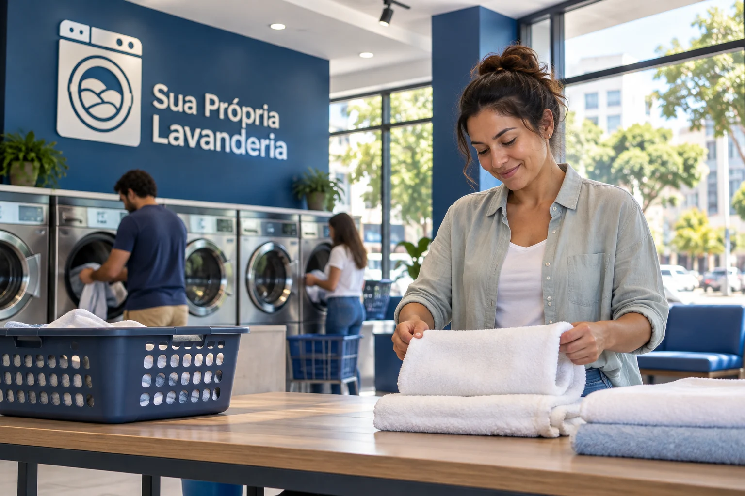 Mulher dobrando toalhas em bancada de uma lavanderia azul e branca, com outras pessoas usando as máquinas ao fundo