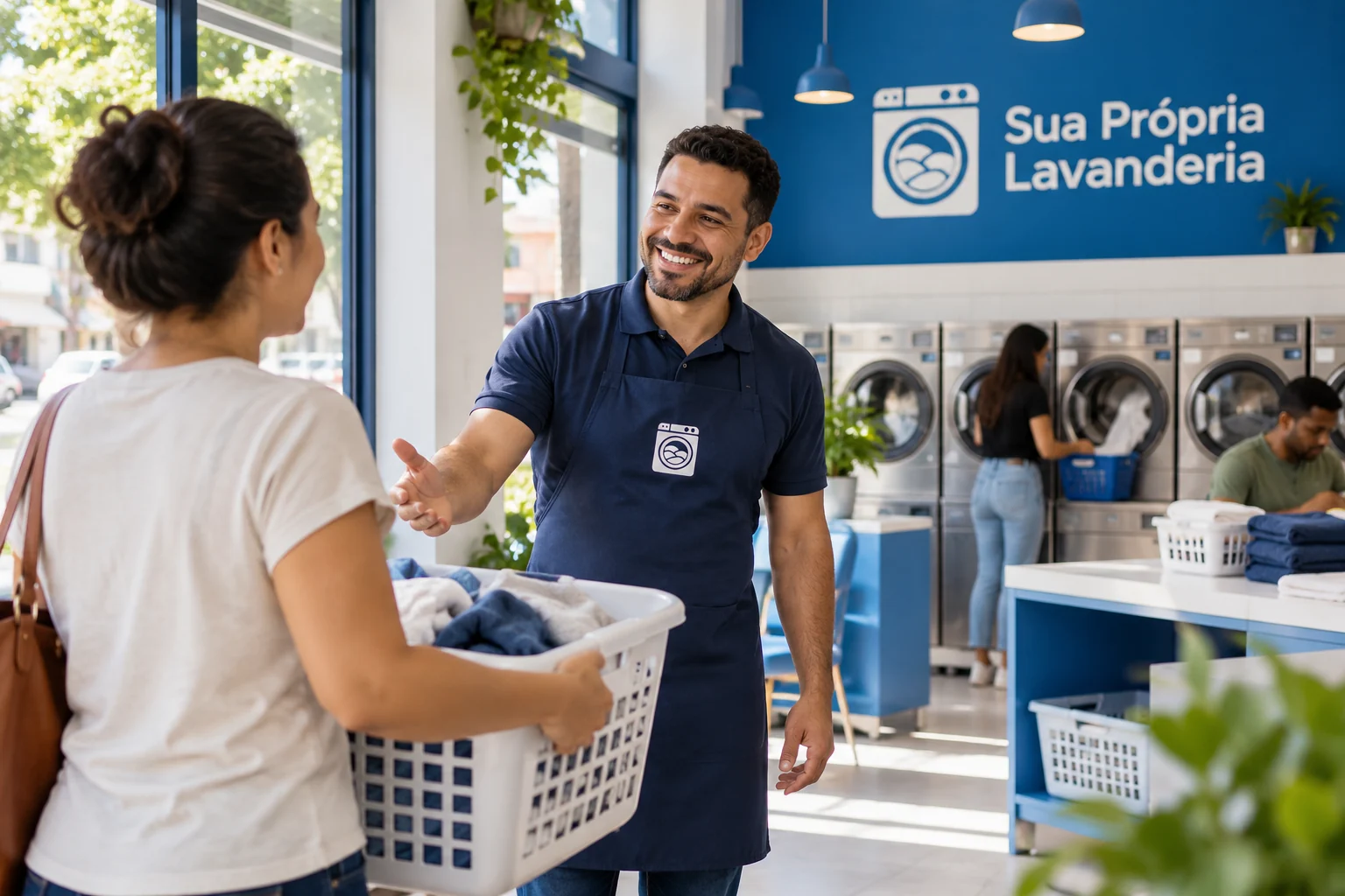 Atendente recebe cliente com cesto de roupas em lavanderia azul e branca com a marca Sua Própria Lavanderia.