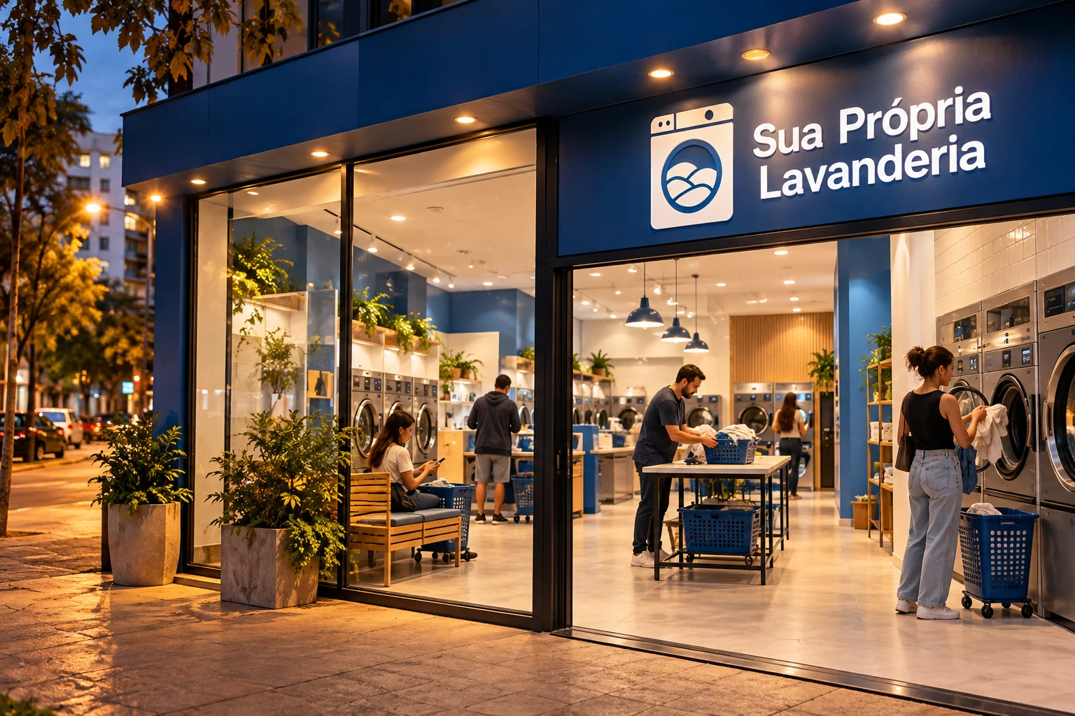 Fachada envidraçada de lavanderia azul e branca ao entardecer, com clientes usando máquinas e bancada de roupas.