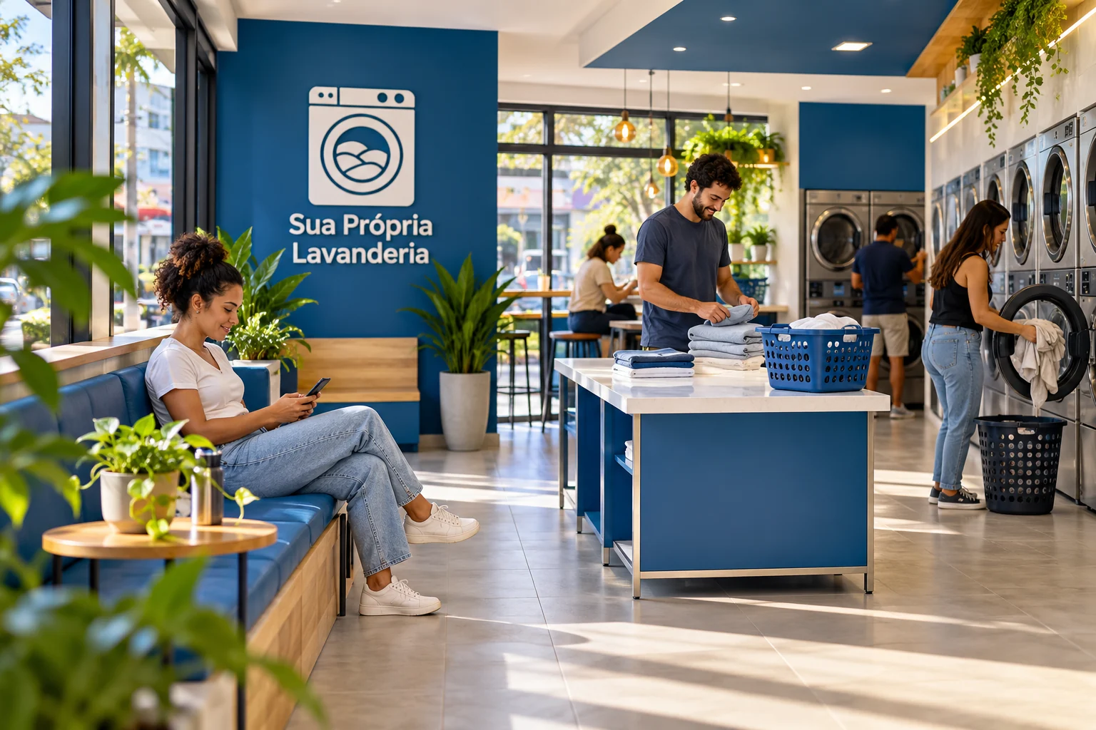 Clientes aguardam, dobram roupas e usam máquinas em lavanderia azul e branca com assentos e plantas.