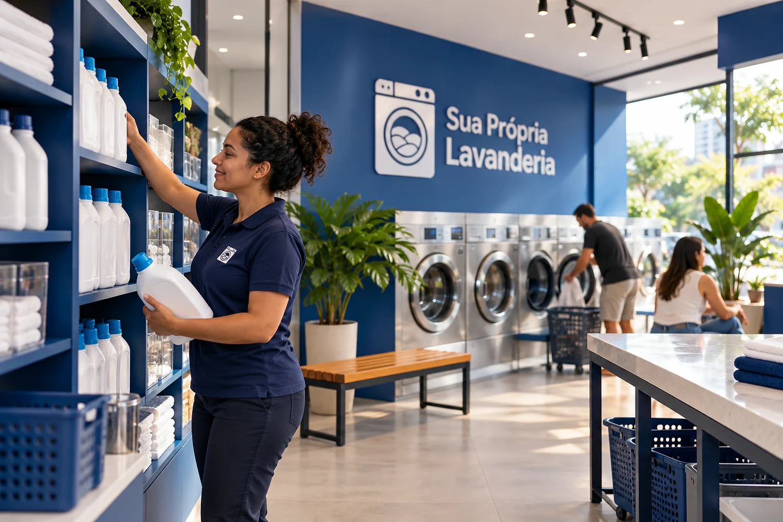 Pessoa repõe produtos em prateleira de lavanderia azul e branca, com clientes e máquinas ao fundo.