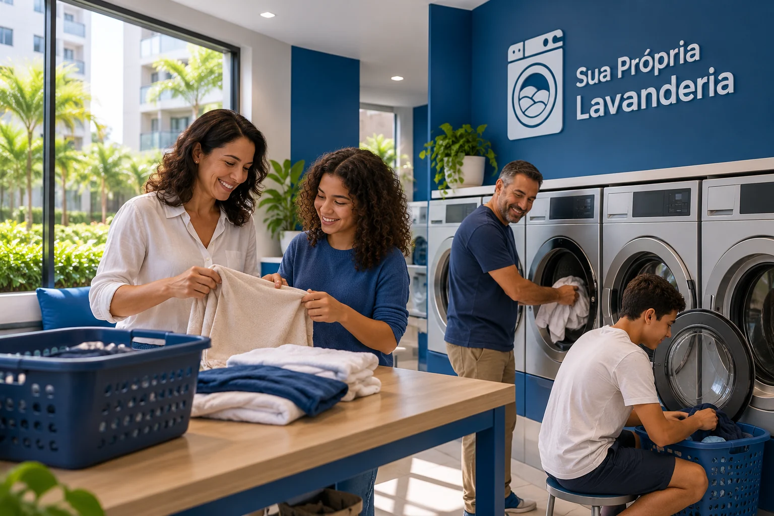 Quatro pessoas dobram e retiram roupas de máquinas em lavanderia azul e branca com a marca Sua Própria Lavanderia.