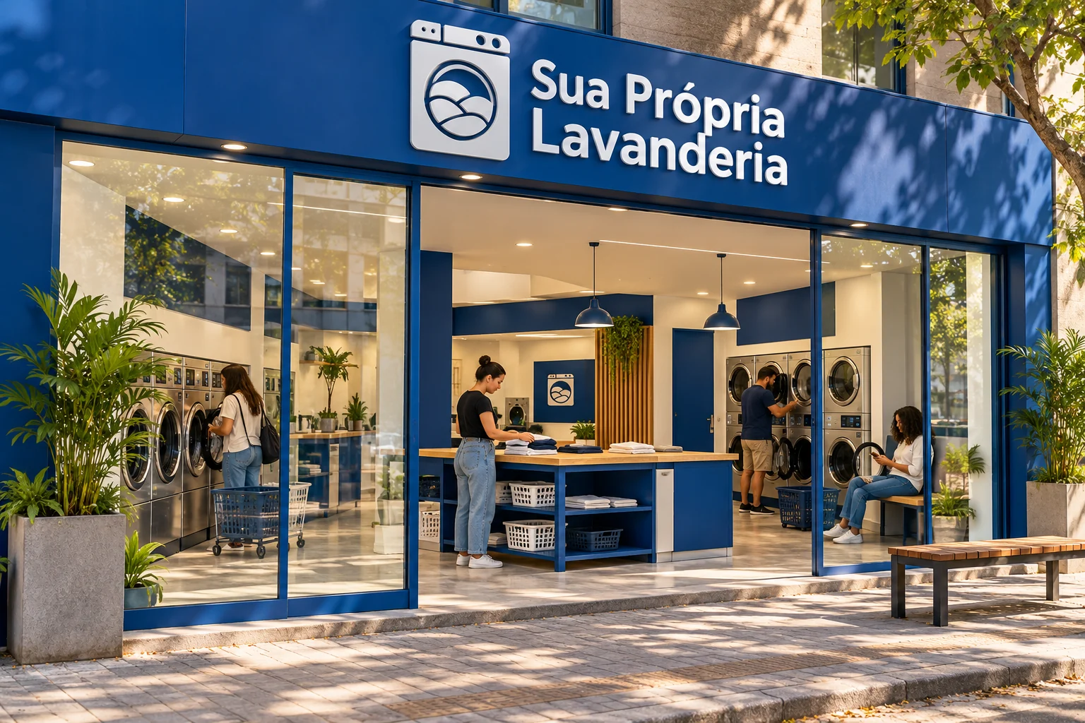 Fachada azul com a marca Sua Própria Lavanderia e portas de vidro abertas para uma lavanderia pronta, com clientes e máquinas ao fundo.