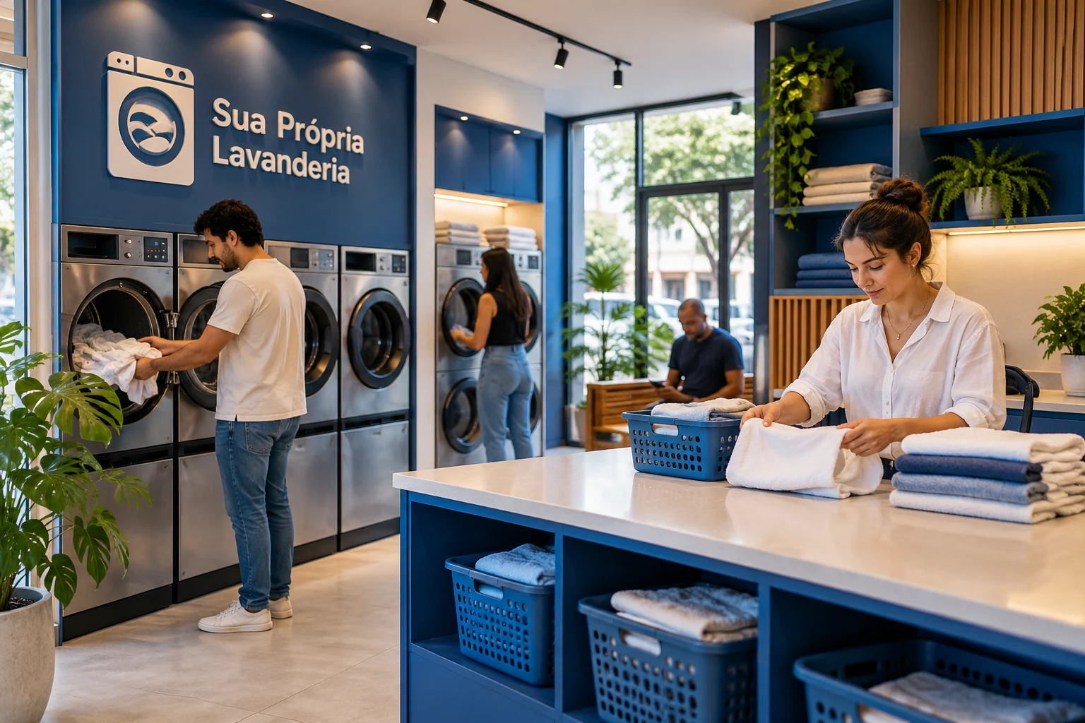 Clientes usam máquinas e dobram roupas em lavanderia pronta, com bancada, cestos, plantas e marca Sua Própria Lavanderia na parede azul.