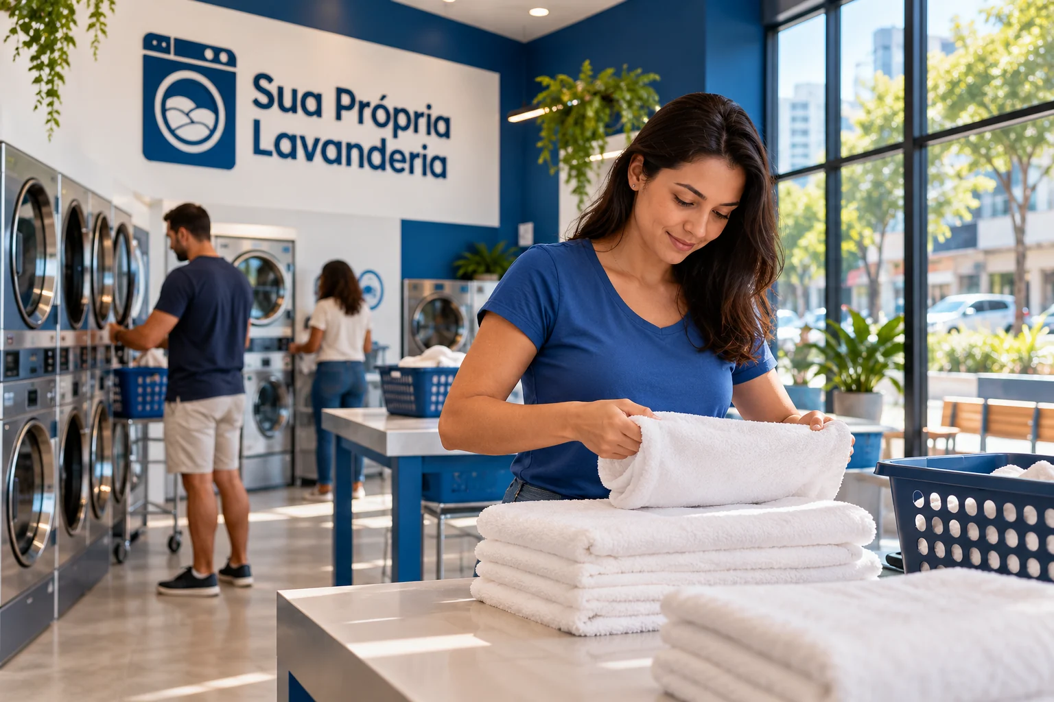 Cliente dobra toalhas brancas em lavanderia pronta e em uso, com máquinas ao fundo e marca Sua Própria Lavanderia na parede.