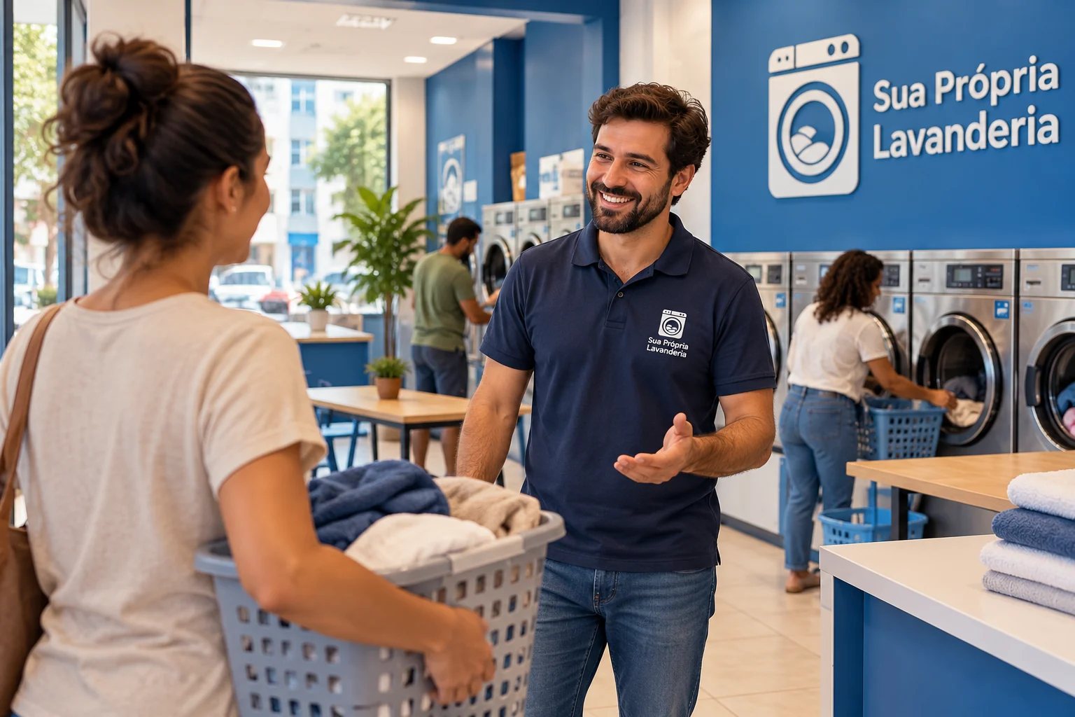 Pessoa com polo da Sua Própria Lavanderia conversa com cliente que segura um cesto de roupas em lavanderia pronta e em funcionamento.