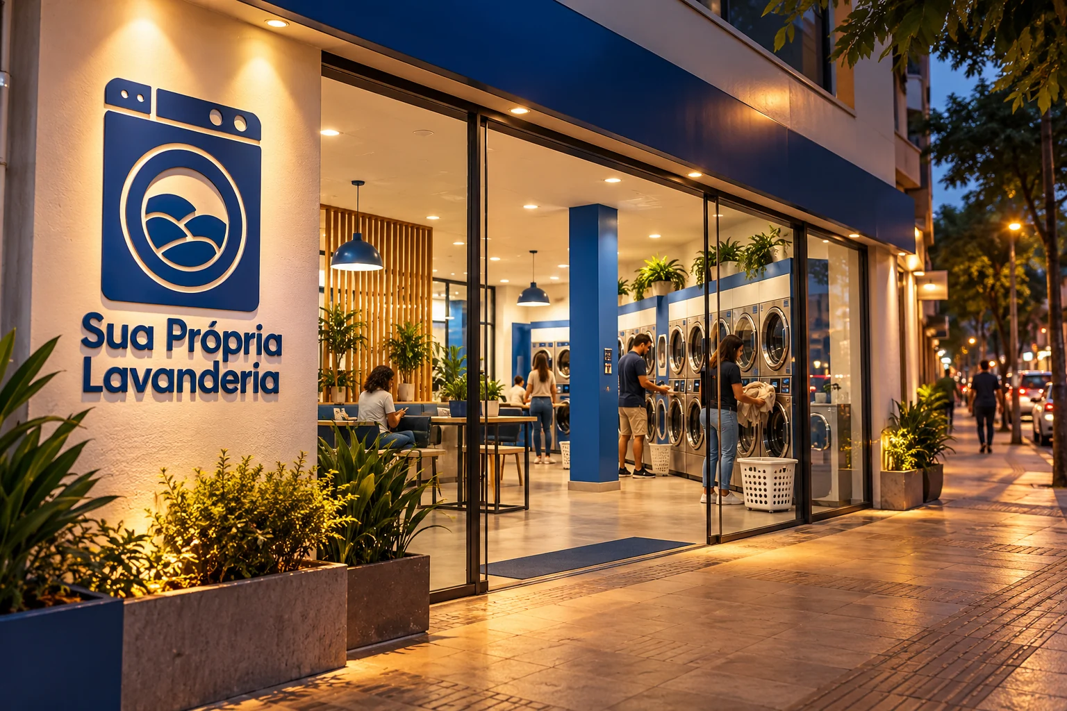 Fachada de lavanderia azul e branca ao anoitecer, com logo Sua Própria Lavanderia e clientes usando as máquinas no interior; ilustração editorial.