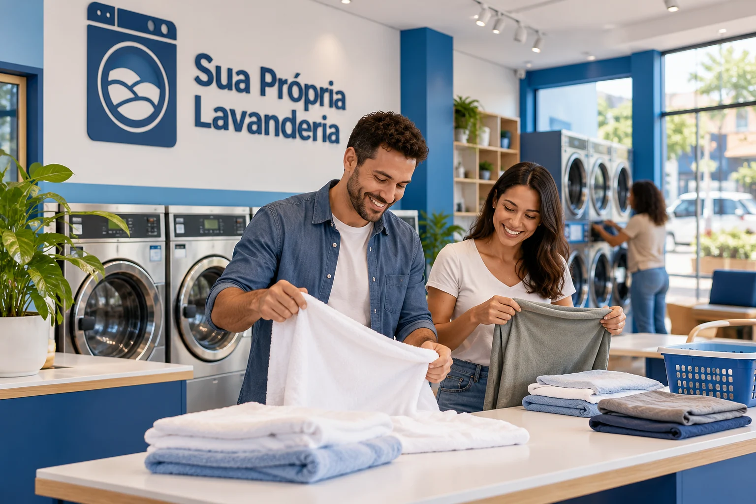 Clientes dobram roupas em bancada de lavanderia azul e branca, com máquinas instaladas e logo Sua Própria Lavanderia na parede; ilustração editorial.
