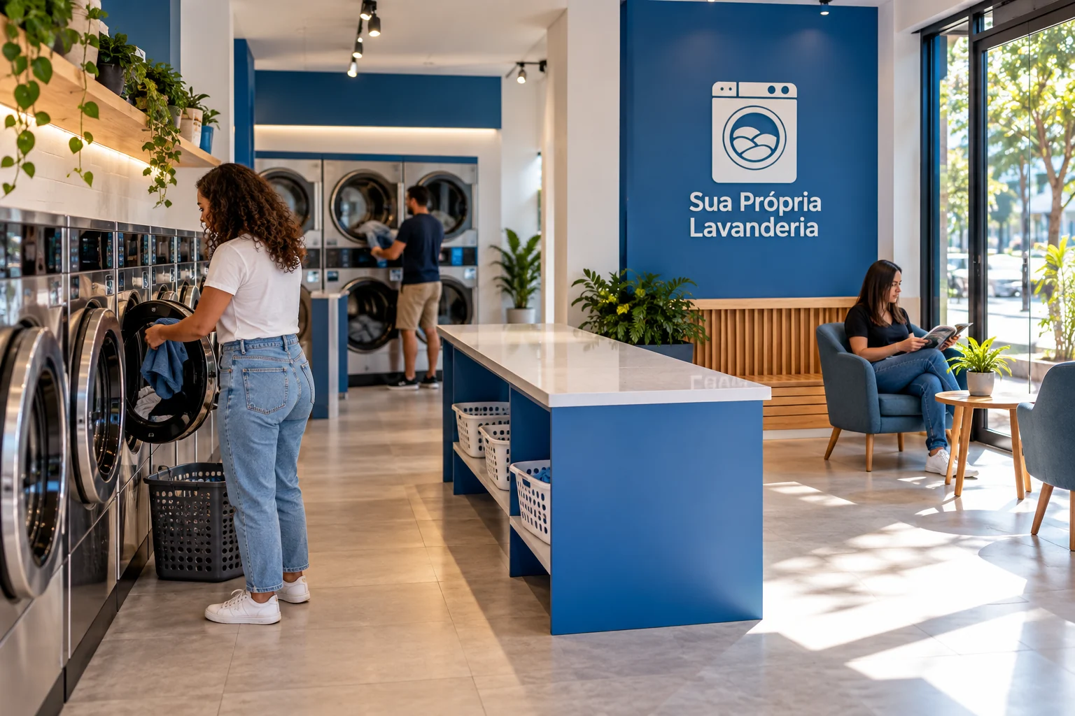 Lavanderia azul e branca em uso, com clientes, bancada central, área de espera e logo Sua Própria Lavanderia; ilustração editorial.