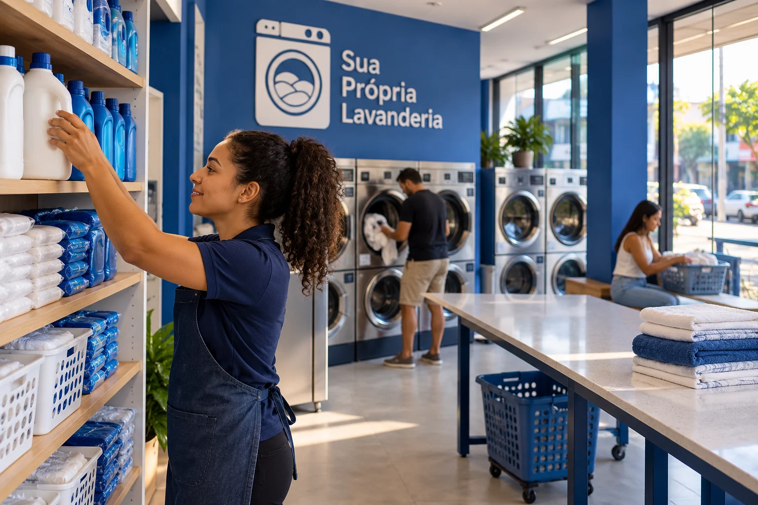 Pessoa repõe insumos enquanto clientes usam uma lavanderia azul e branca durante o dia, com logo Sua Própria Lavanderia; ilustração editorial.