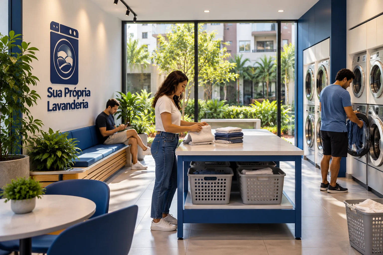 Clientes dobram roupas, aguardam e utilizam máquinas em lavanderia azul e branca com logo Sua Própria Lavanderia; ilustração editorial.