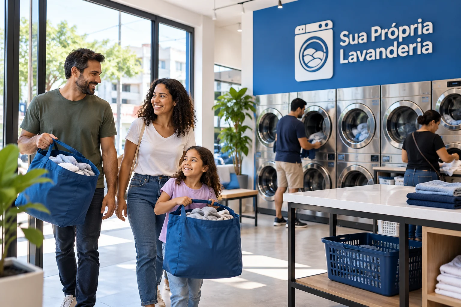 Família com bolsas de roupas em lavanderia azul e branca, com máquinas ao fundo e marca Sua Própria Lavanderia na parede.