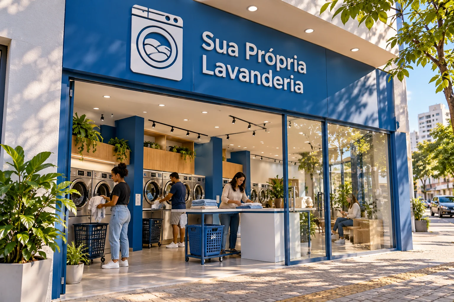 Fachada azul da Sua Própria Lavanderia, com portas de vidro abertas e pessoas usando máquinas e bancada no interior.