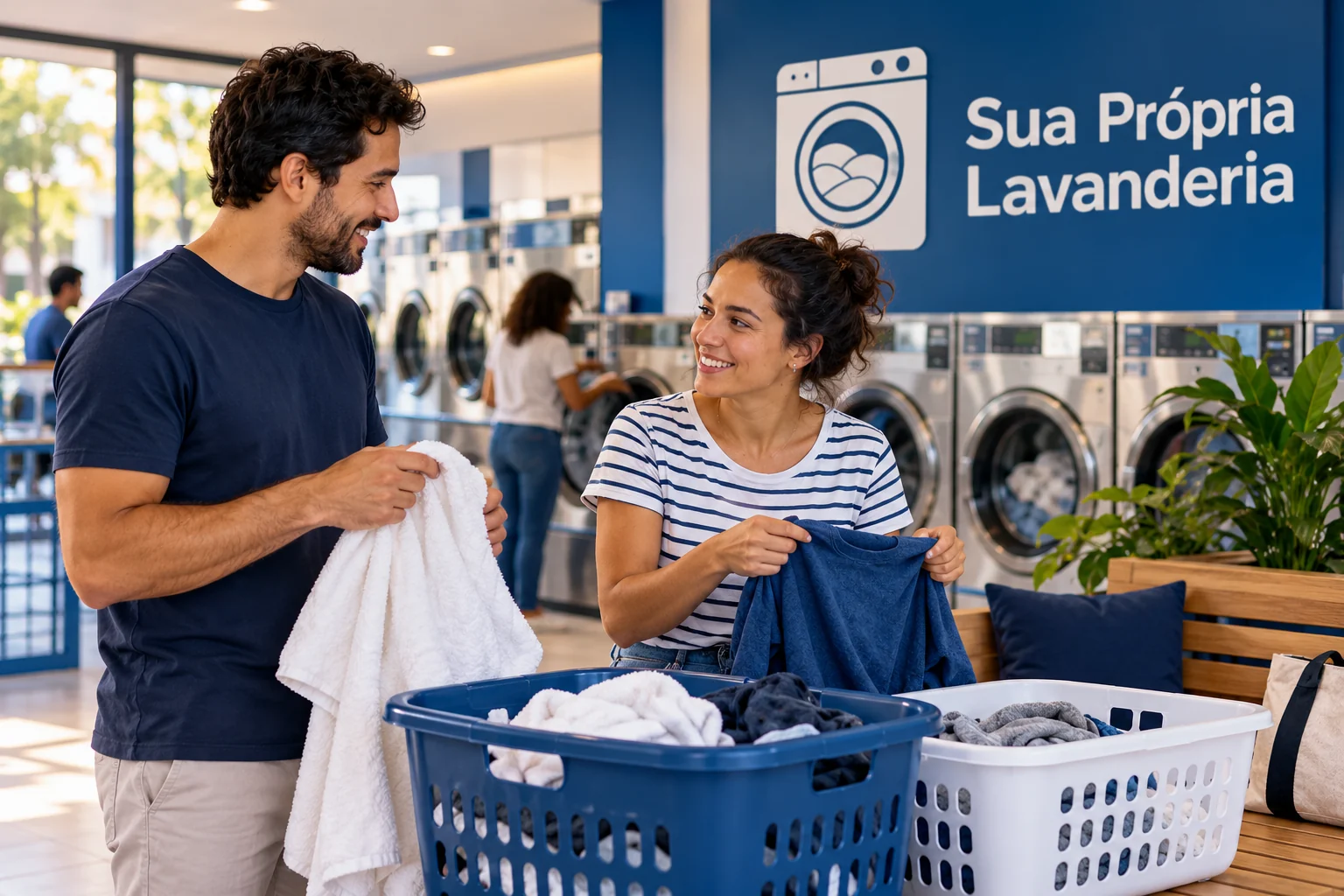 Casal com roupas e cestos em lavanderia pronta, com máquinas e marca Sua Própria Lavanderia ao fundo.