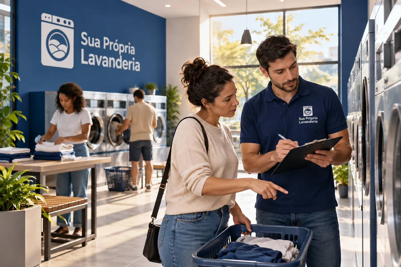 Cliente aponta para uma máquina enquanto um atendente com camisa da Sua Própria Lavanderia registra informações em uma prancheta.