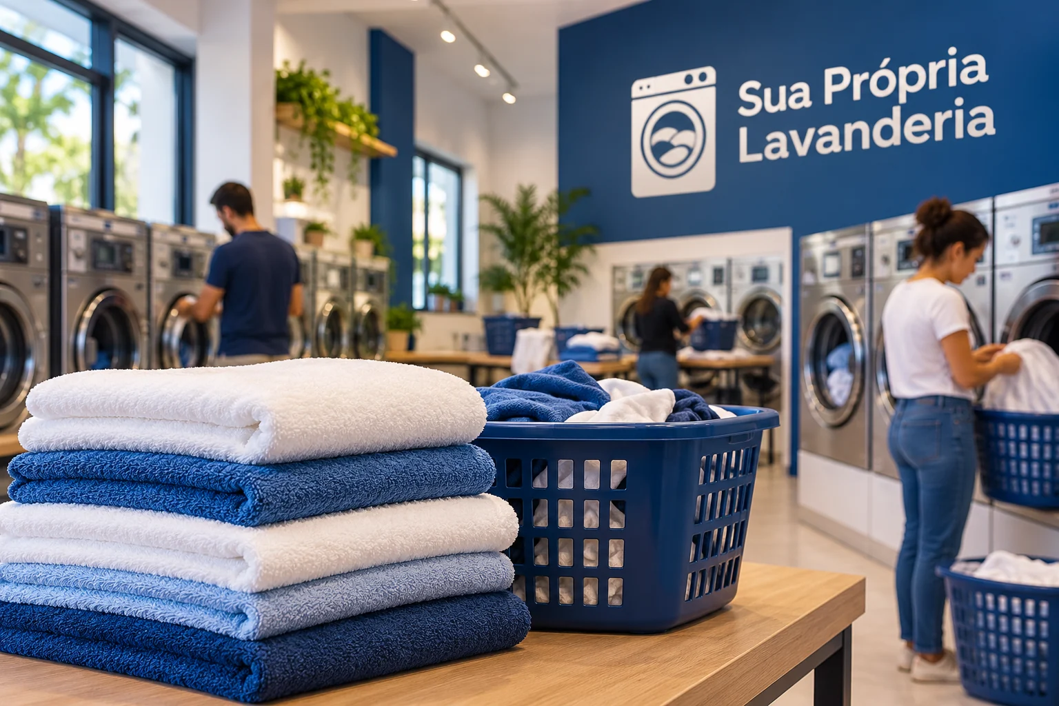 Toalhas dobradas e cesto de roupas em primeiro plano, com clientes usando máquinas e marca Sua Própria Lavanderia ao fundo.