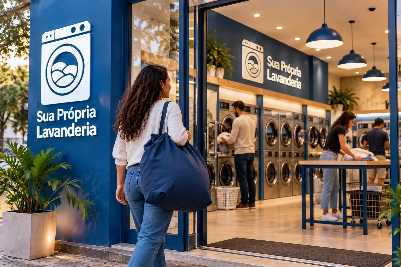 Ilustração de cliente entrando em lavanderia azul e branca com logo Sua Própria Lavanderia e pessoas usando o espaço.