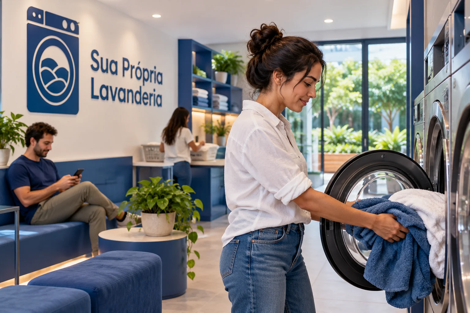 Ilustração de cliente colocando toalhas na máquina, com área de espera e logo Sua Própria Lavanderia ao fundo.