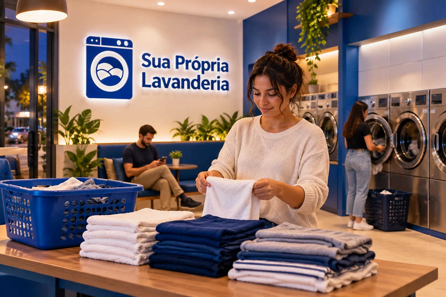 Ilustração de cliente dobrando toalhas em lavanderia pronta, com máquinas em uso e logo Sua Própria Lavanderia.
