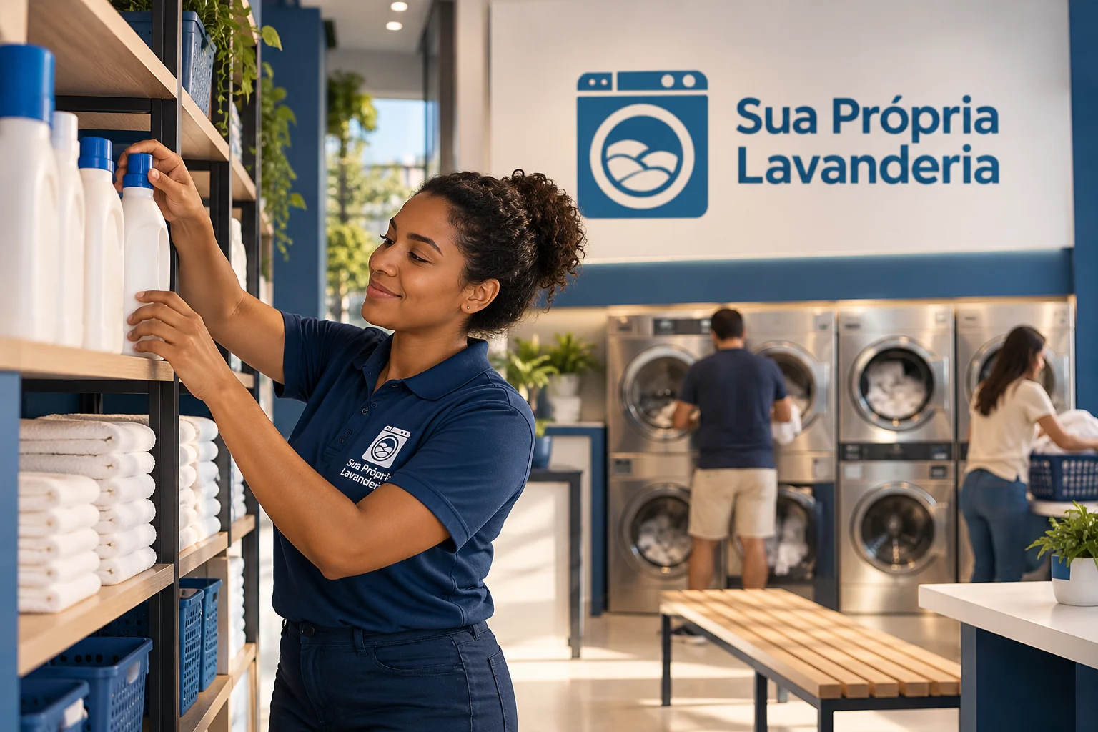 Ilustração de pessoa organizando insumos em lavanderia pronta, com clientes e logo Sua Própria Lavanderia.