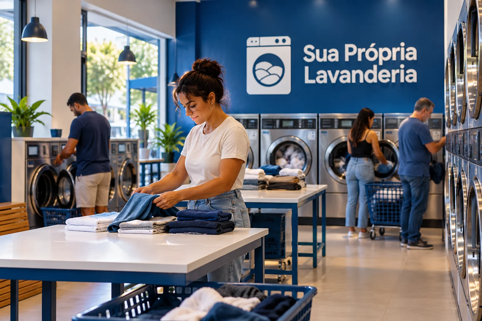 Ilustração de lavanderia em operação com clientes, mesas de dobra, máquinas genéricas e logo Sua Própria Lavanderia.