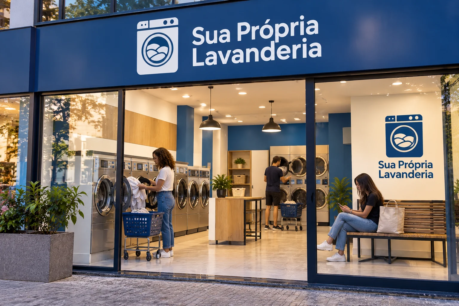 Fachada de lavanderia comercial pronta e em uso, com máquinas, clientes e logo Sua Própria Lavanderia em azul e branco