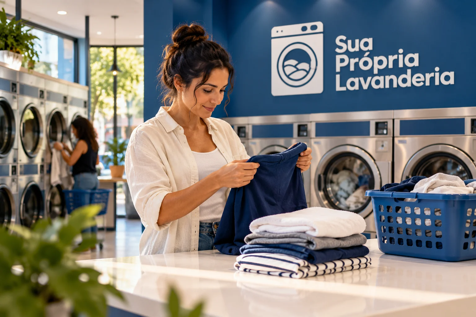 Cliente dobrando roupa em lavanderia comercial em uso, com logo Sua Própria Lavanderia na parede azul e máquinas ao fundo