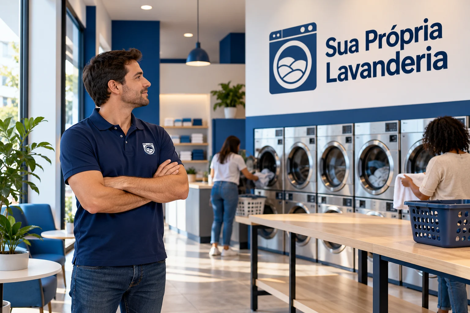 Homem de polo azul em lavanderia comercial em uso, diante da identidade Sua Própria Lavanderia na parede e no uniforme