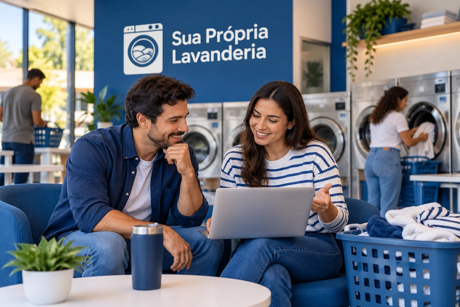 Casal consultando um notebook em lavanderia comercial em uso, com logo Sua Própria Lavanderia na parede azul