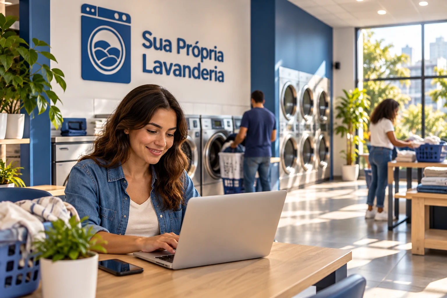 Mulher usando notebook em uma lavanderia em funcionamento, com logo Sua Própria Lavanderia na parede e clientes ao fundo.