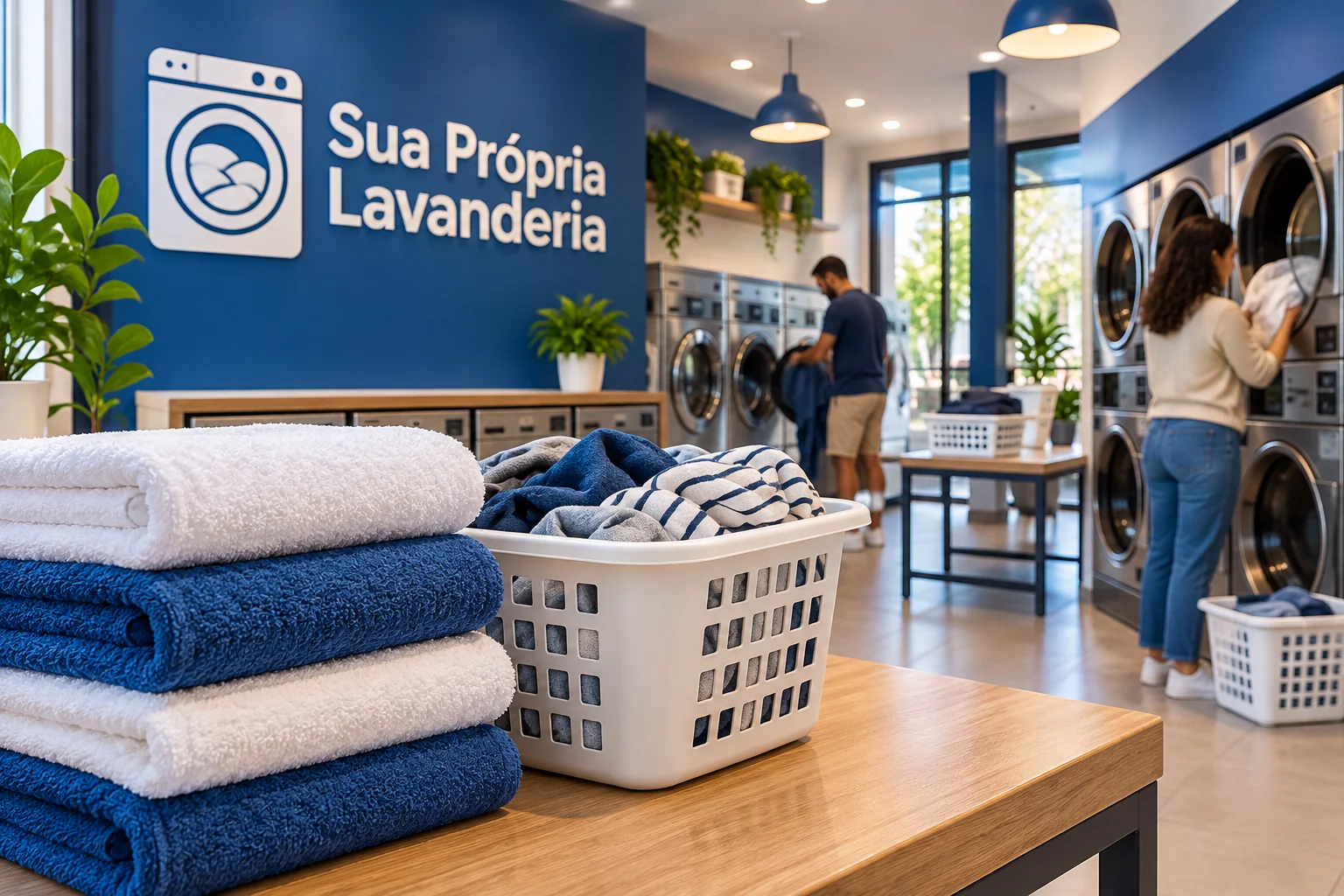 Toalhas e cesto em primeiro plano, com logo Sua Própria Lavanderia na parede azul e clientes usando máquinas ao fundo.