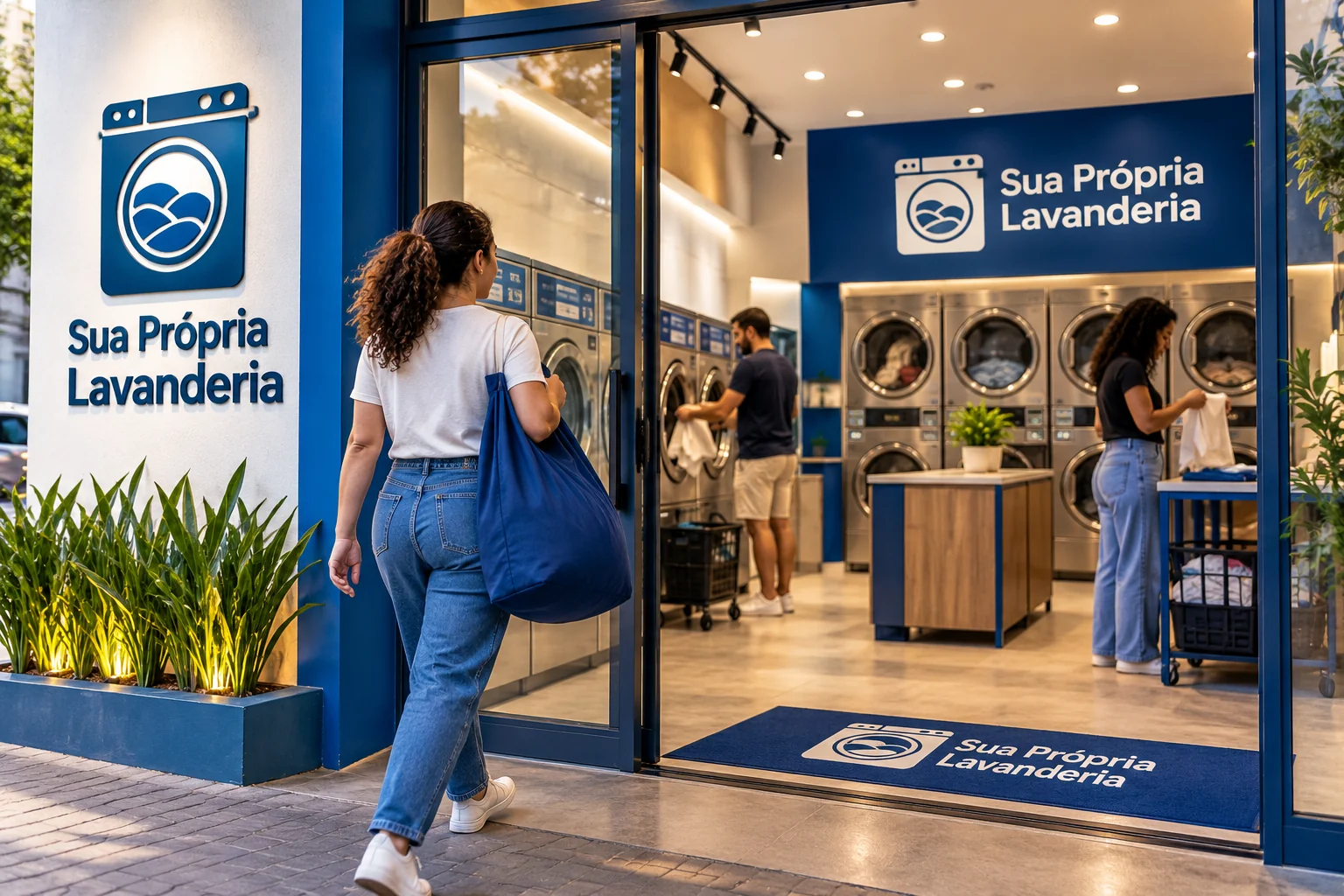 Cliente entrando com uma sacola de roupas em lavanderia pronta, com logo Sua Própria Lavanderia e pessoas usando o espaço.